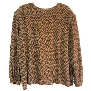 Rena Rowan Saville 14W Brown Black Zigzag Pattern Button Back Long Sleeve Blouse